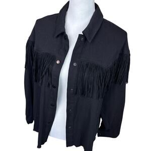 Forever 21 Black Fringe Denim Jacket Western Festival Cowgirl M
